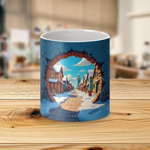 Holiday Themed Mug, Cozy Village Design Mug, Winter Wonderland Scene Mug, Festive Season Coffee Cup, Christmas Gift Idea Mug