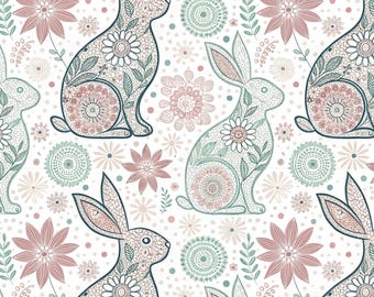 Rabbit Floral Mandala Seamless Pattern, Digital Download, Easter Bunny Decorative Art, Spring Boho Design, DIY Crafts