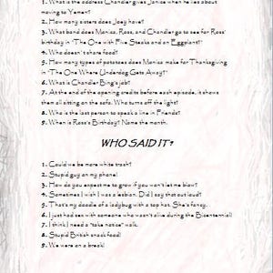 Printable Friends TV show quiz question/answer game | Etsy