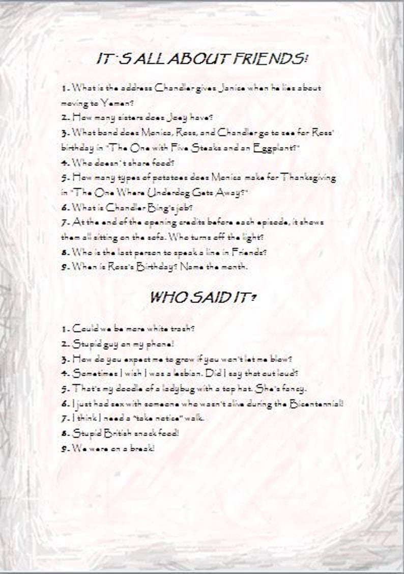 Printable Friends TV Show Quiz Question/answer Game | Etsy UK