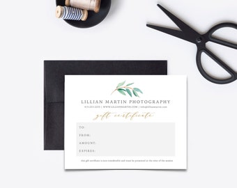 Editable Gift Certificate, Photography Gift Certificate Template, Change Fonts, Font Colors, Edit in Browser, Eucalyptus, AVA Collection