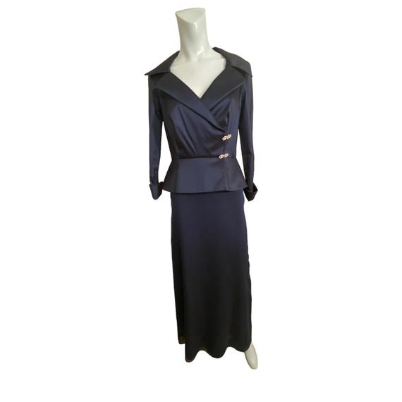 Vtg Women's 4 Cachet cocktail evening dress navy blue USA MADE Rhinestone Accent