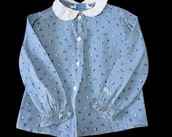 Vtg Toddler Girls Oshkosh Bgosh Long Slerve Blue Print Shirt 2T Embroidered