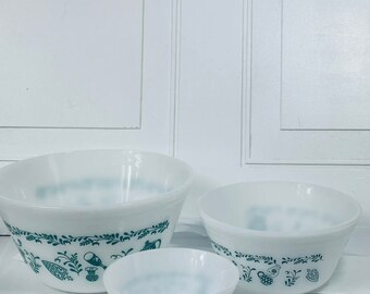 3 Vintage Federal Milk Glass Teal Scandinavian Pattern Nesting Bowls Retro MCM