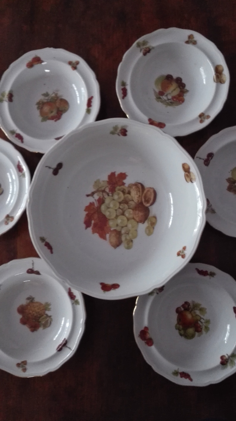 Fruit Bowl wit 6 little bowls Punch bowl Large Bowl with 6 desert bowls Autumn Winter Fruit England 123 Foreign HQ Beautiful bowl desert set