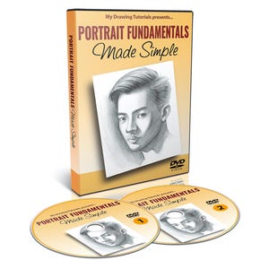 May include: A DVD case and two discs titled Portrait Fundamentals Made Simple. The case features a beige background with a black and white pencil sketch of a person's face. The discs are labeled 1 and 2, each showing the same sketch.