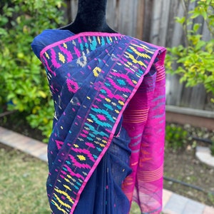Dhakai | Jamdani | Navy Blue | With Blouse Piece | Multicolored Dhakai  | Handwoven Jamdani  | Half-Silk Dhakai  | Half-Silk Jamdani