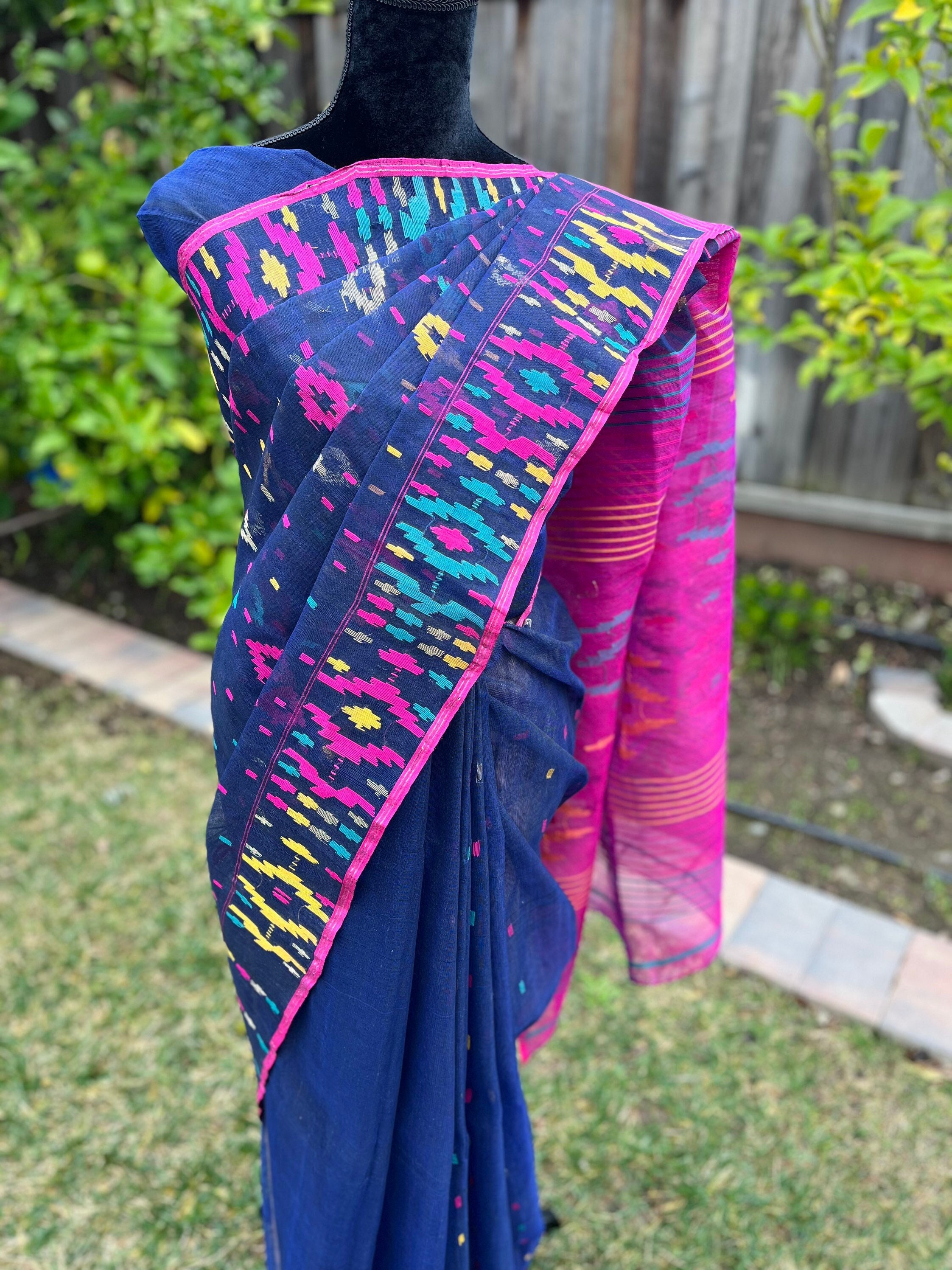 Handwoven Navy Blue Jamdani Saree | Half-silk Dhakai, Unstitched