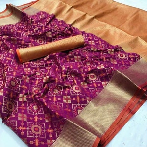 Patola Print Saree, Dark Fuchsia Pink with Orange blouse, Artificial Silk Saree, Heavy work, Read description