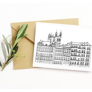 Carte postale vieux lyon, Lyon carte illustrée, dessin à la main, aquarelle lyon, carte postale lyon