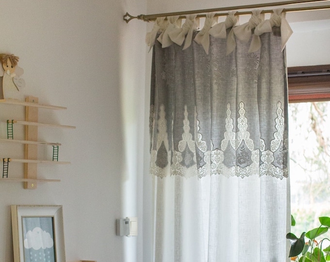 Linen curtain with embroidered gray cotton