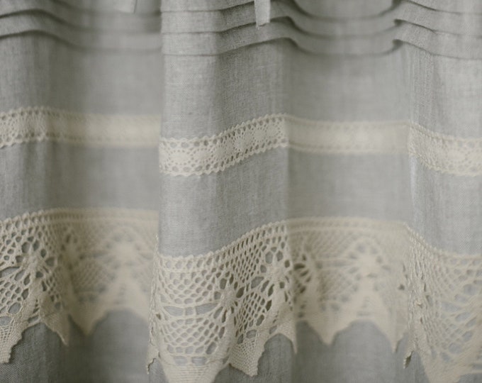 Natural linen curtain panel, stonewashed linen curtain with lace