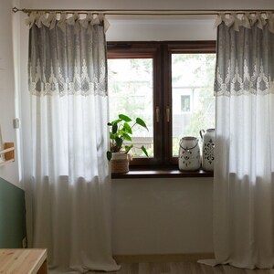 Linen curtain with embroidered gray cotton image 2