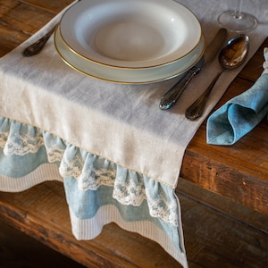 Natural Linen table runner with ruffle, rustic tablecloth, stonewashed linen table runner. image 1