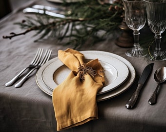Rustic Mustard Linen Napkins Set 4 Bulk Custom 11 Colors | Dinner Napkins for Christmas | Washed Linen Tableware |
