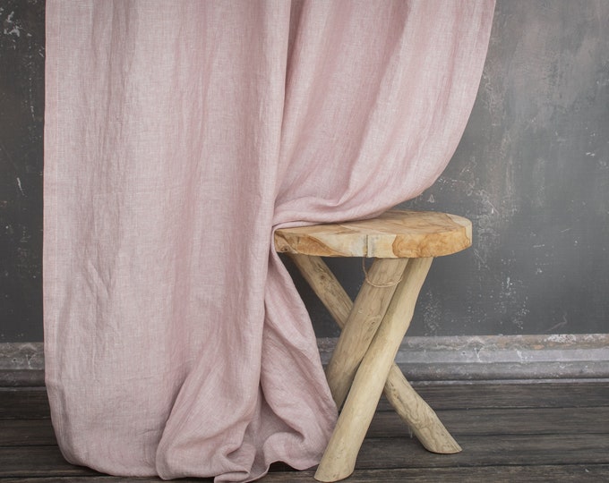 Dusty pink stonewashed linen curtain top ties, farmhouse pink linen curtain