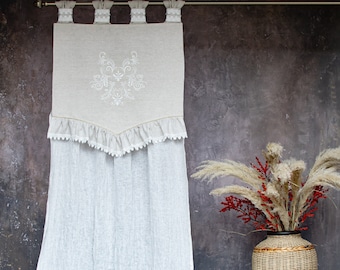 Off White Rustic Gauze Linen Curtain Panel, Window Curtains, Sheer Curtains, Embroidered Linen Drapes, Long Curtain, Boho Curtains