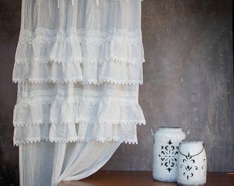 White linen sheer curtain. Romantic curtain panel. French lace curtain. Ruffle curtain. Bohemian frill curtain.