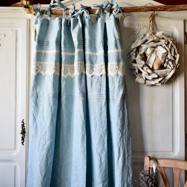 Stonewashed linen curtain. Top ties curtain. Boho curtain