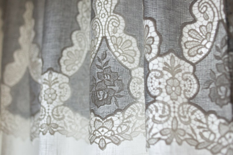 Linen curtain with embroidered gray cotton image 4