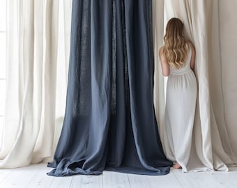 Navy Denim linen curtains, Heavyweight linen curtains in various colors, Custom length curtains, Rod pocket curtains, Handmade curtains.