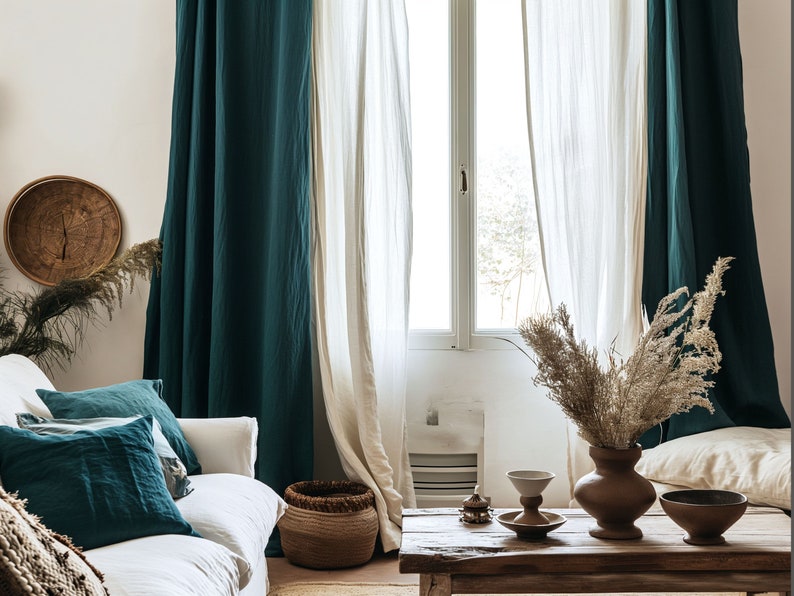 Teal Ocean linen curtains, Heavyweight linen curtains in various colors, Custom length curtains, Rod pocket curtains, Handmade curtains. image 10