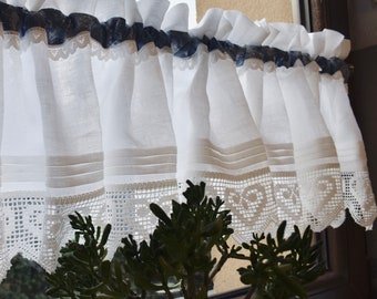 Cottage linen valance, French kitchen curtain with lace