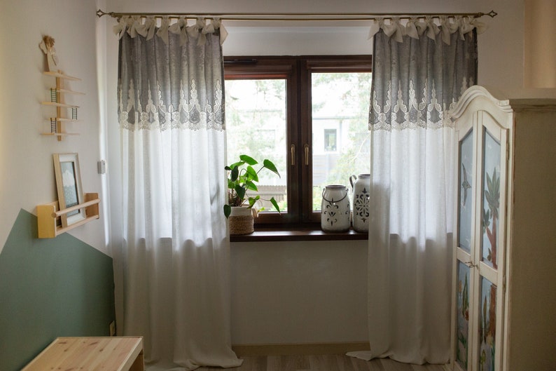 Linen curtain with embroidered gray cotton image 2