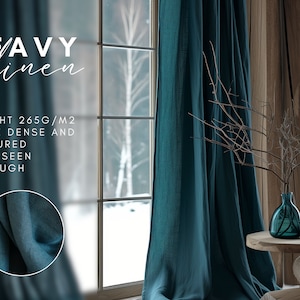 Teal Ocean linen curtains, Heavyweight linen curtains in various colors, Custom length curtains, Rod pocket curtains, Handmade curtains. image 3