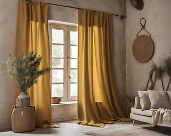 Mustard linen curtains, Heavyweight linen curtains in various colors, Custom length curtains, Rod pocket curtains, Handmade curtains.