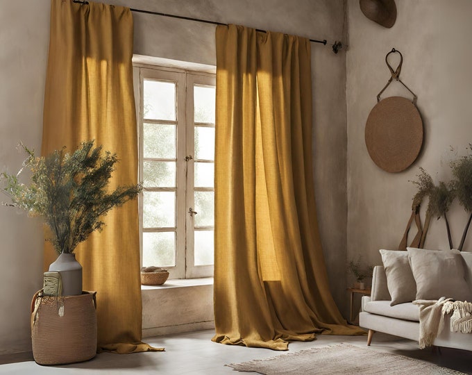 Mustard linen curtains, Heavyweight linen curtains in various colors, Custom length curtains, Rod pocket curtains, Handmade curtains.