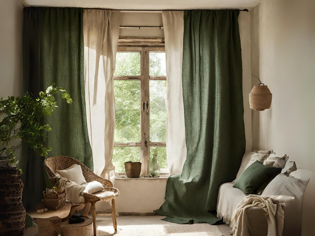 Forest Green Linen Curtains Heavyweight Linen Curtains in Various Colors Custom Length Curtains Rod Pocket Curtains Handmade Curtains. Etsy