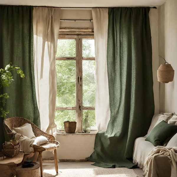 Forest green linen curtains, Heavyweight linen curtains in various colors, Custom length curtains, Rod pocket curtains, Handmade curtains.