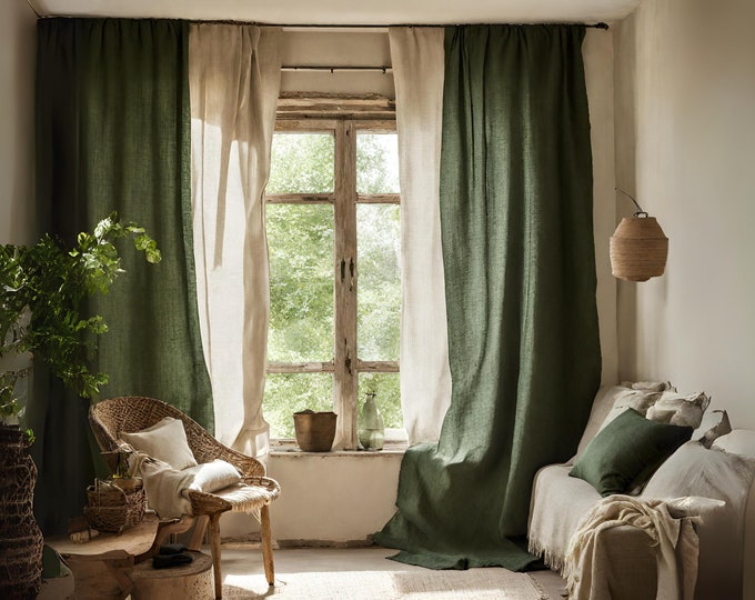 Forest green linen curtains, Heavyweight linen curtains in various colors, Custom length curtains, Rod pocket curtains, Handmade curtains.