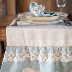 Natural Linen table runner with ruffle, rustic tablecloth, stonewashed linen table runner. image 10