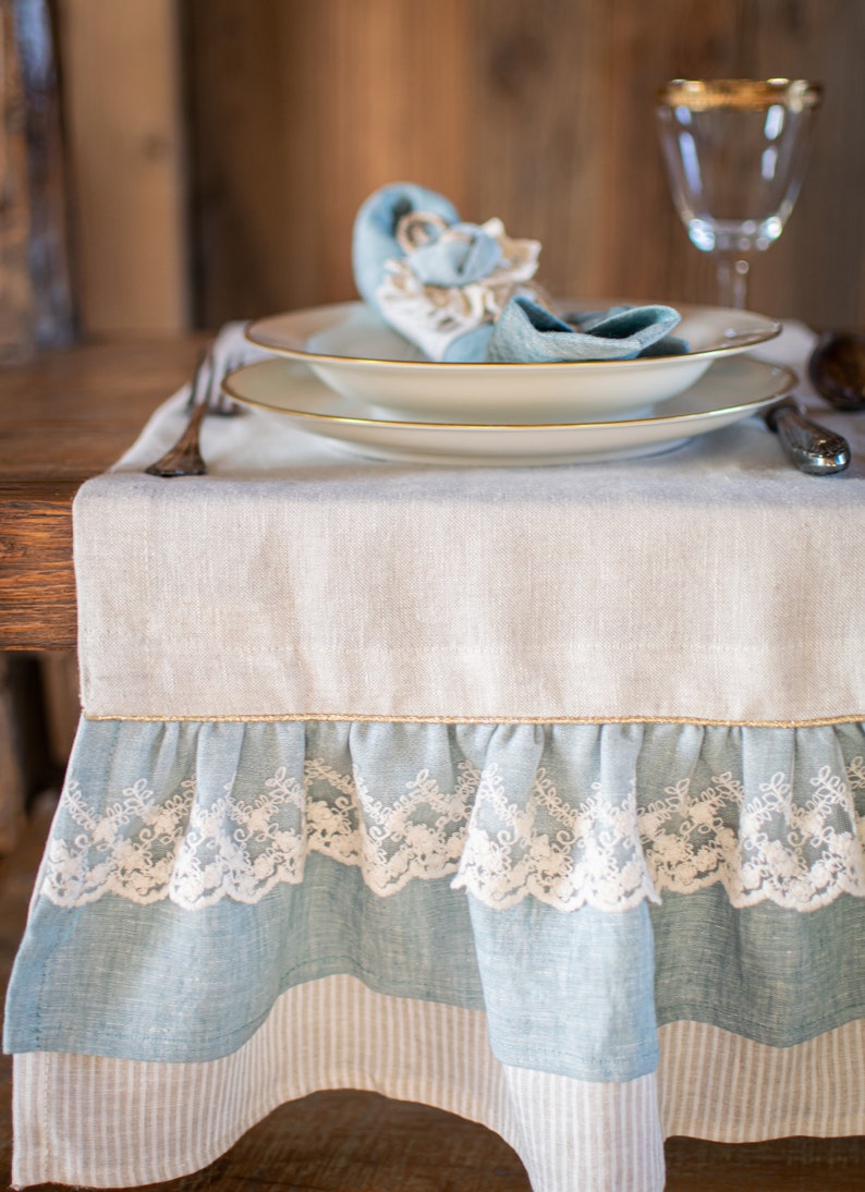 Natural Linen table runner with ruffle, rustic tablecloth, stonewashed linen table runner. image 10