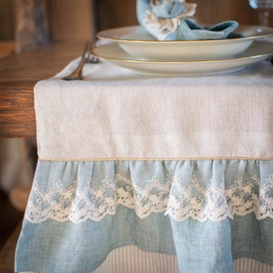 Natural Linen table runner with ruffle, rustic tablecloth, stonewashed linen table runner. image 2