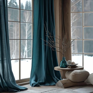 Teal Ocean linen curtains, Heavyweight linen curtains in various colors, Custom length curtains, Rod pocket curtains, Handmade curtains. image 5