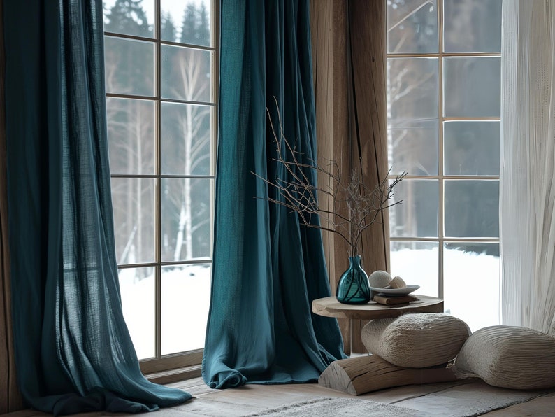 Teal Ocean linen curtains, Heavyweight linen curtains in various colors, Custom length curtains, Rod pocket curtains, Handmade curtains. image 5