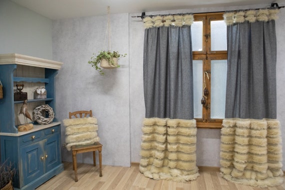 Industrial Curtains Grey Stonewashed Linen Curtain Fake Fur Etsy