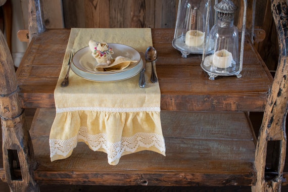 Yellow Mustard Linen table runner with ruffle, rustic tablecloth, stonewashed linen table runner.