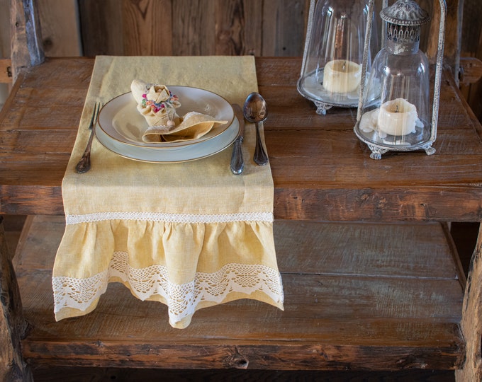 Yellow Mustard Linen table runner with ruffle, rustic tablecloth, stonewashed linen table runner.