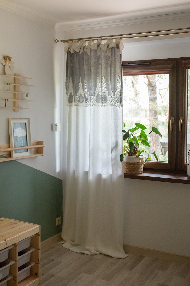 Linen curtain with embroidered gray cotton image 1