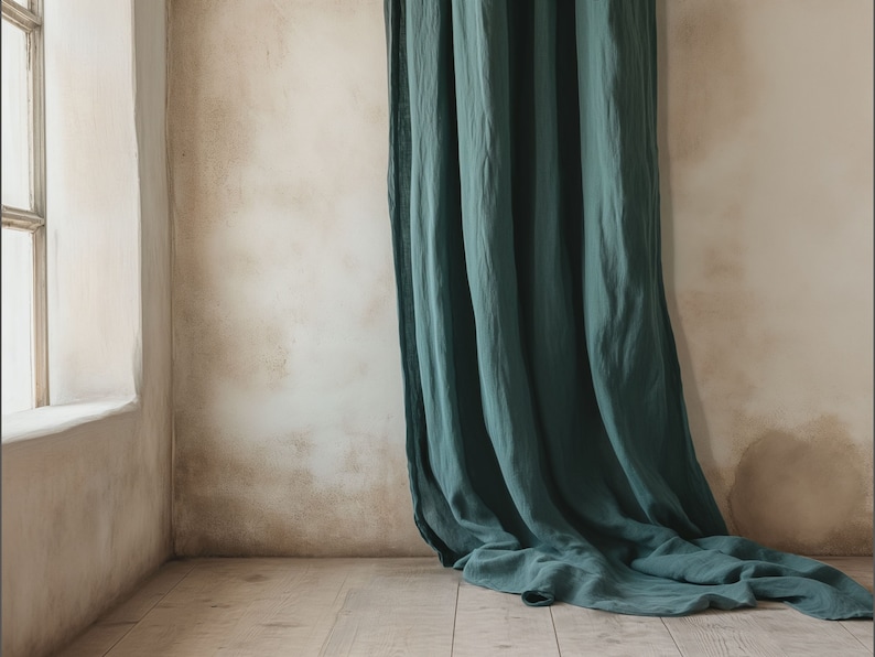 Teal Ocean linen curtains, Heavyweight linen curtains in various colors, Custom length curtains, Rod pocket curtains, Handmade curtains. image 4