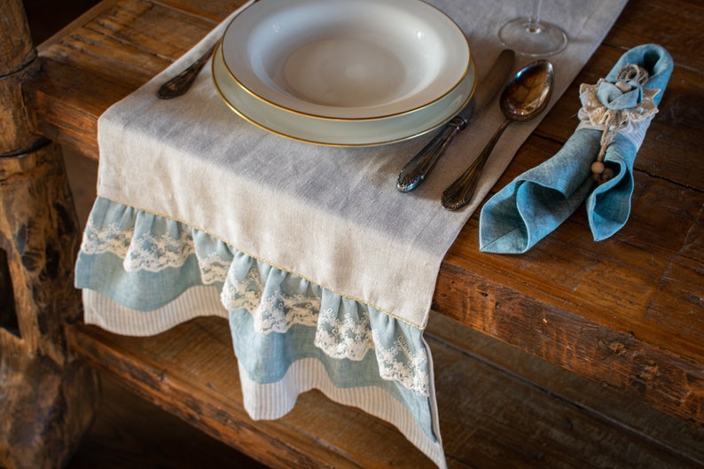 Natural Linen table runner with ruffle, rustic tablecloth, stonewashed linen table runner. image 1