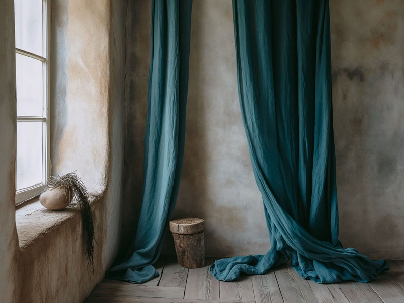 Teal Ocean linen curtains, Heavyweight linen curtains in various colors, Custom length curtains, Rod pocket curtains, Handmade curtains. image 9