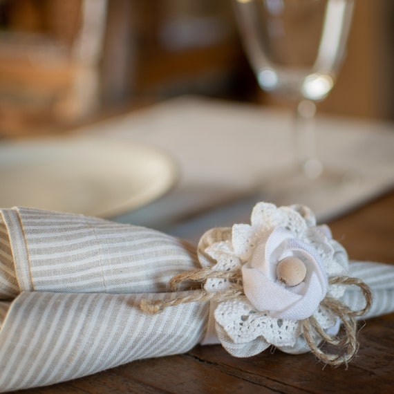 White napkin rings, handmade linen flower napkin rings, farmhouse napkin rings