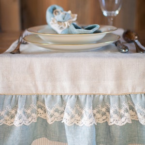 Natural Linen table runner with ruffle, rustic tablecloth, stonewashed linen table runner. image 3