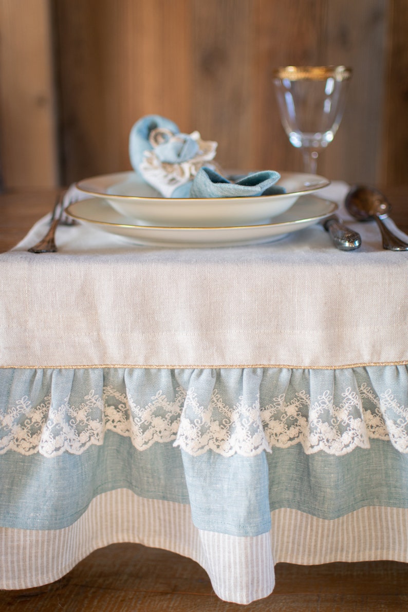 Natural Linen table runner with ruffle, rustic tablecloth, stonewashed linen table runner. image 3