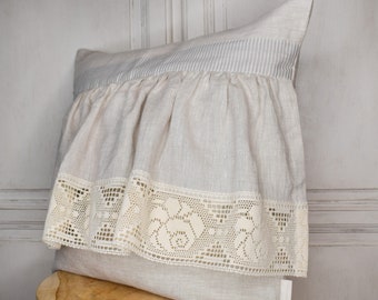 Stonewashed linen boho pillow with rustic lace. Pillowcase